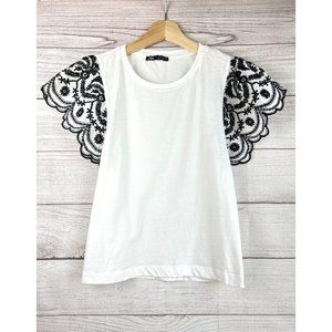 Zara White and Black Eyelet Ruffle Sleeve Top Size Small